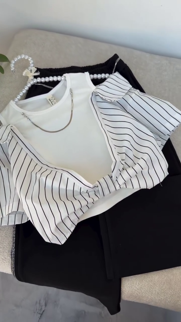 Layered White Sleeveless Inner Top with Black & White Pinstripe Overlap Blouse and High-Waist Black Bottom Set for Women 👚🖤