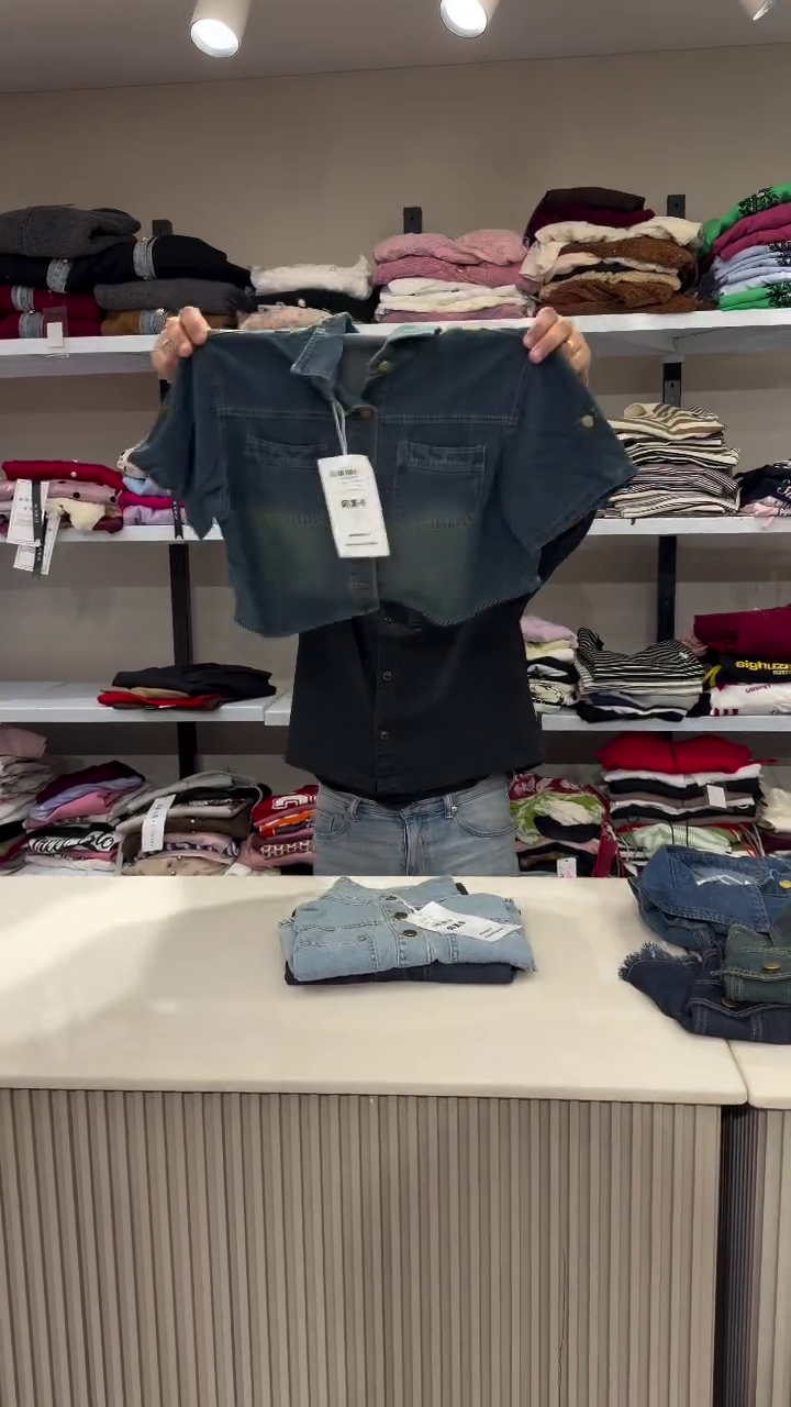 Dark Blue Cropped Short-Sleeve Denim Shirt Top for Women 👚💙