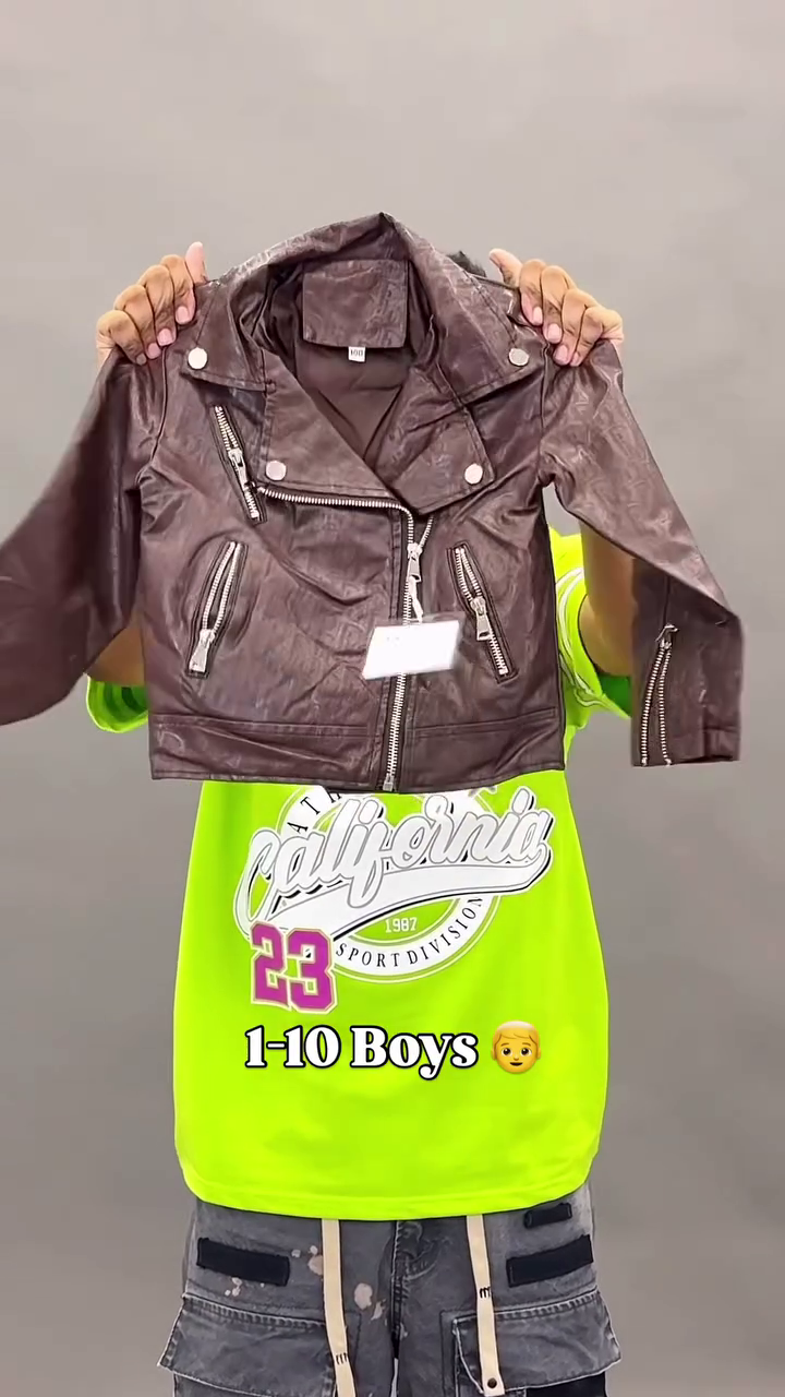 Boys Classic Brown Faux Leather Biker Jacket with Asymmetrical Zipper & Metal Detailing 🧥🤎