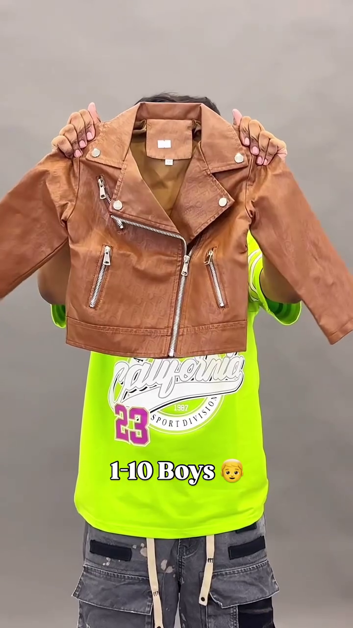 Boys Classic Brown Faux Leather Biker Jacket with Asymmetrical Zipper & Metal Detailing 🧥🤎