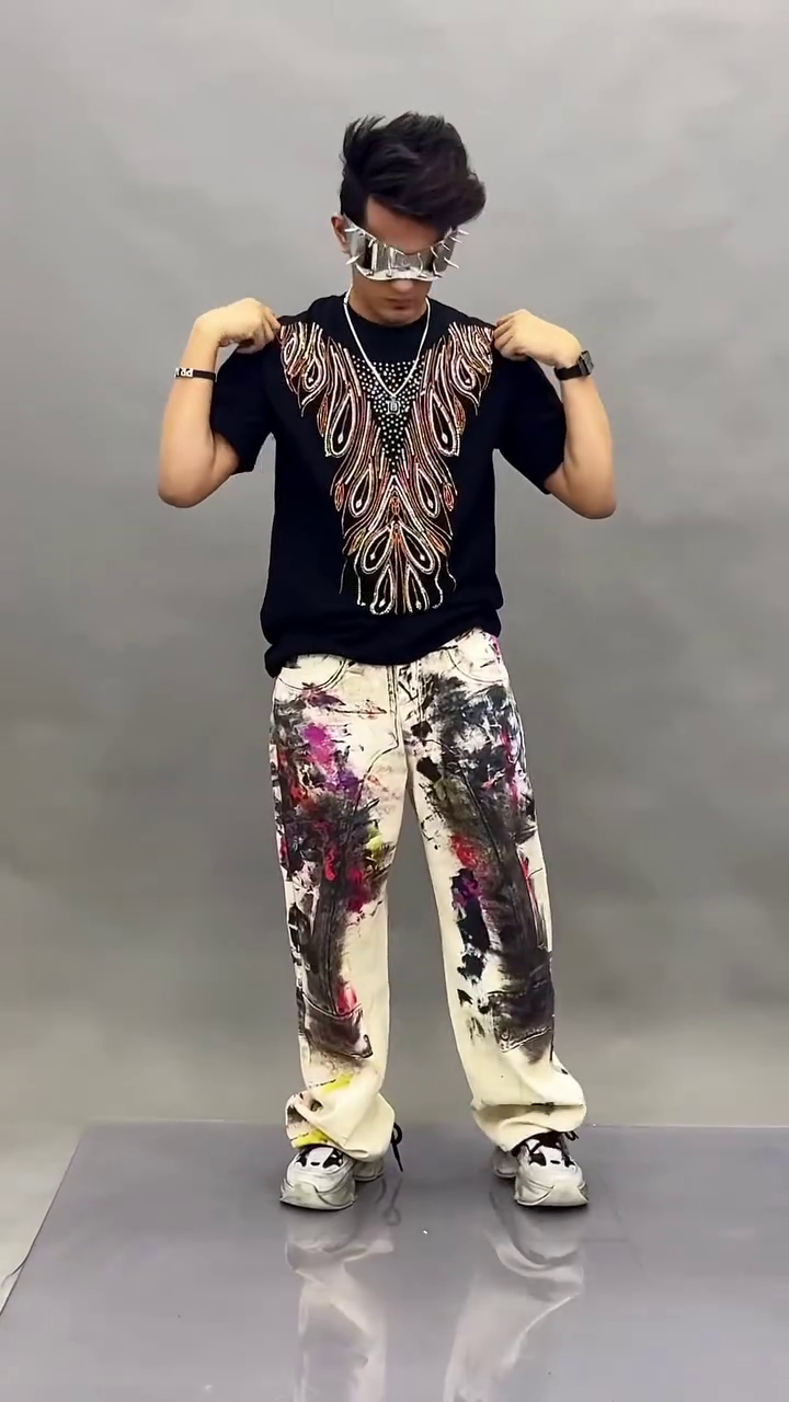 Men’s Luxury Black Rhinestone Embellished Flame Pattern Designer Party T-Shirt 🔥✨🖤