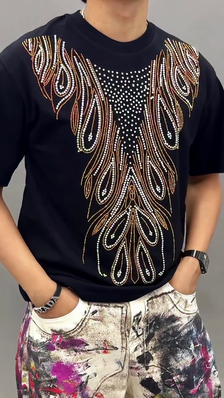 Men’s Luxury Black Rhinestone Embellished Flame Pattern Designer Party T-Shirt 🔥✨🖤