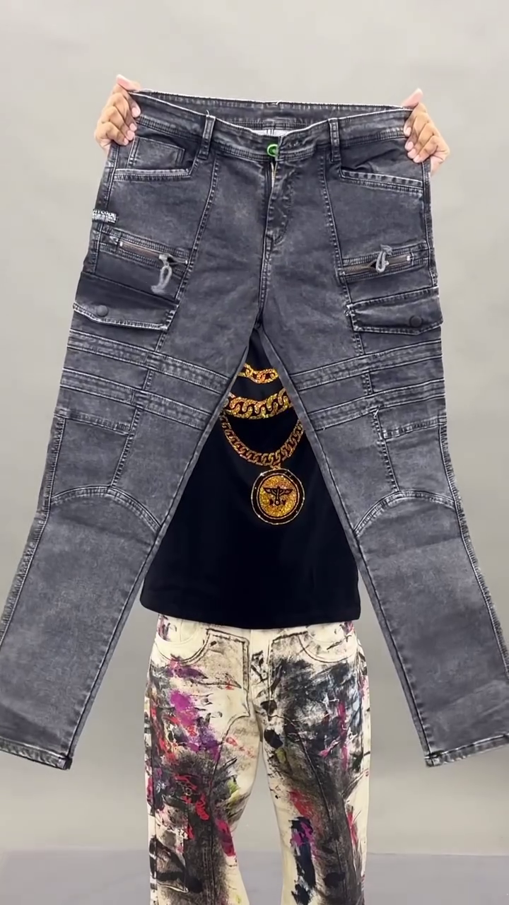 Rugged Urban Multi-Pocket Stone-Washed Grey Biker Style Slim Fit Denim Jeans for Men 👖🔥