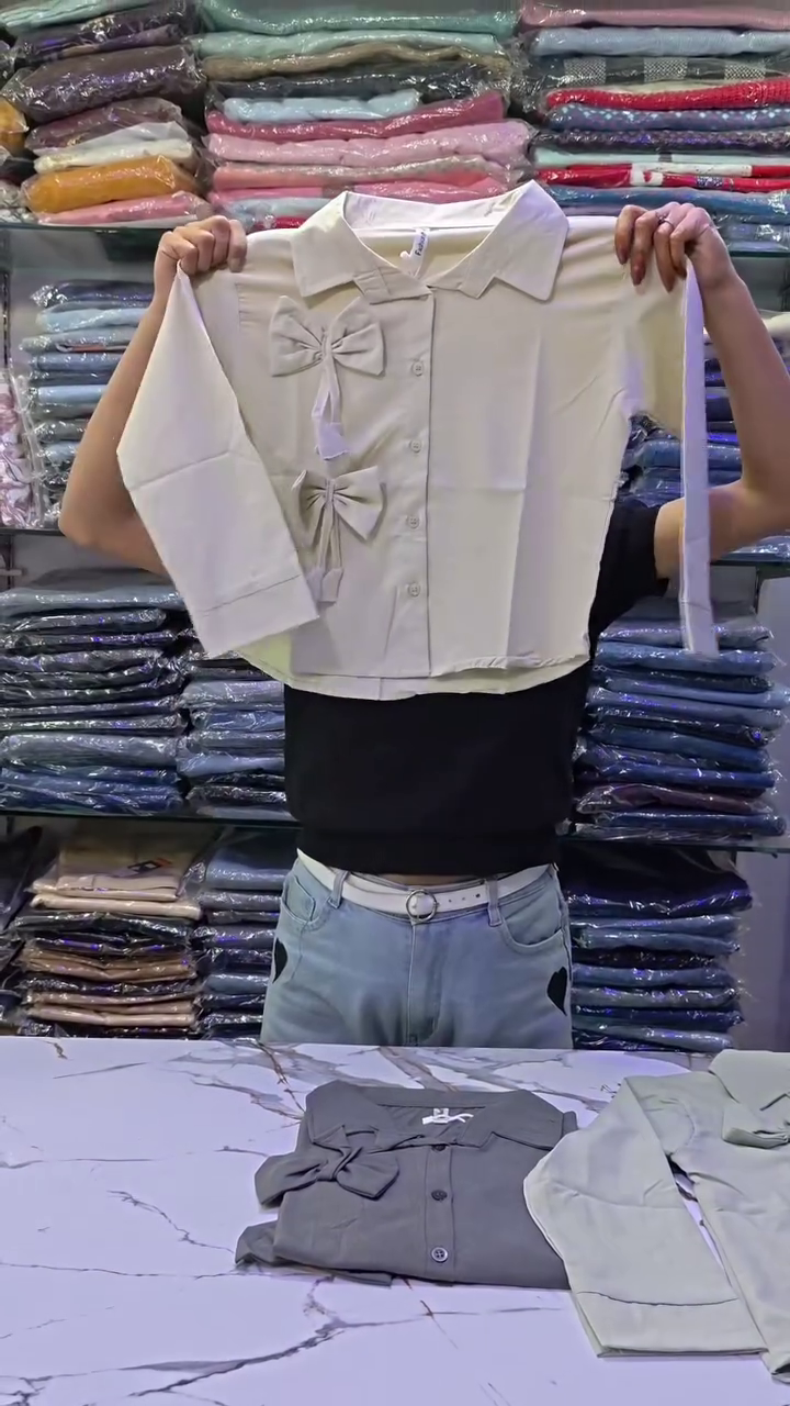 Women’s Pastel Sage Green Collared Button-Down Crop Shirt with Dual Decorative Bow Tie Appliqué & Long Sleeves 🎀💚✨