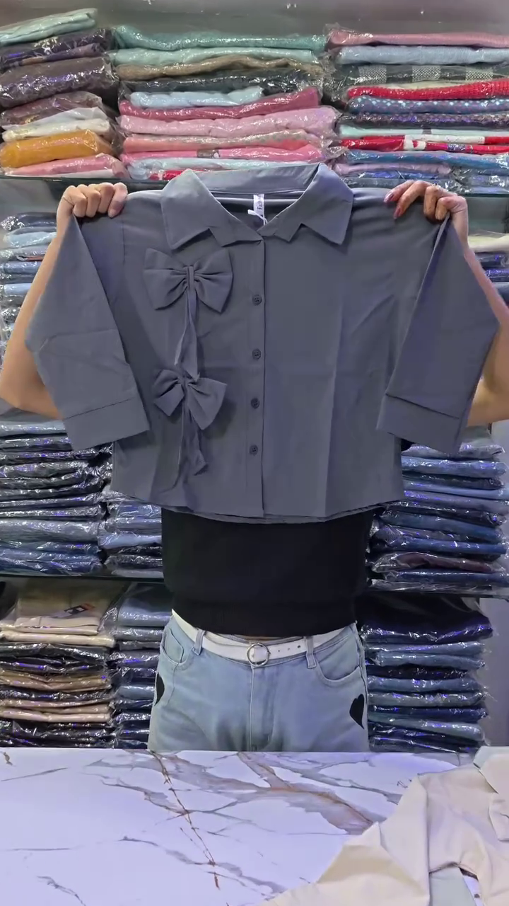 Women’s Pastel Sage Green Collared Button-Down Crop Shirt with Dual Decorative Bow Tie Appliqué & Long Sleeves 🎀💚✨