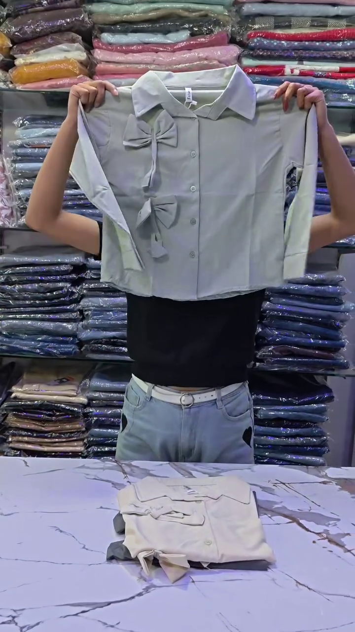 Women’s Pastel Sage Green Collared Button-Down Crop Shirt with Dual Decorative Bow Tie Appliqué & Long Sleeves 🎀💚✨