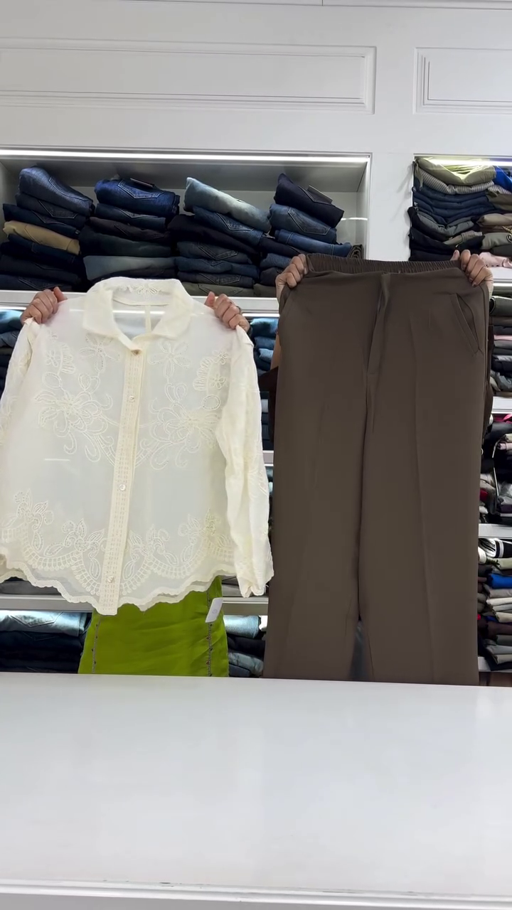 Premium Off-White Floral Embroidered Button-Front Shirt with Scalloped Hemline & High-Waist Brown Straight Formal Trousers Combo for Women 🤍🌿👖