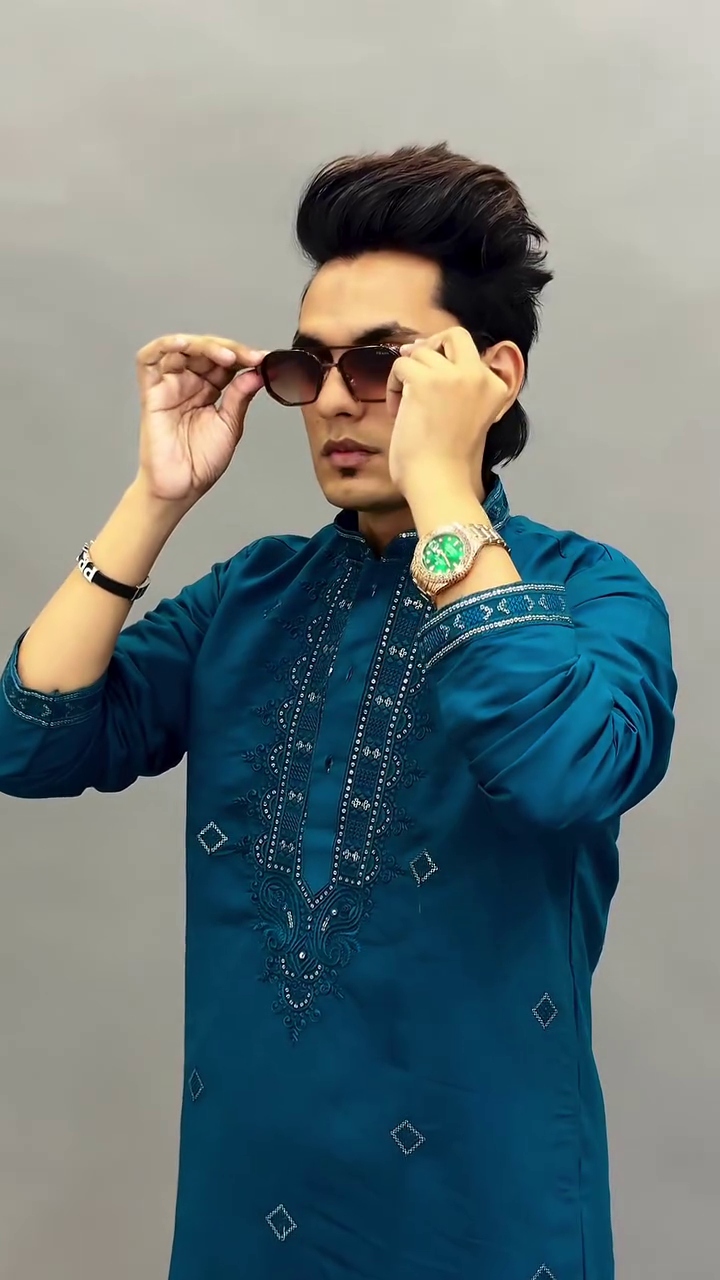 Teal Blue Traditional Embroidered Kurta with Geometric Threadwork Pattern & White Slim Pajama Set 🌊🤍✨