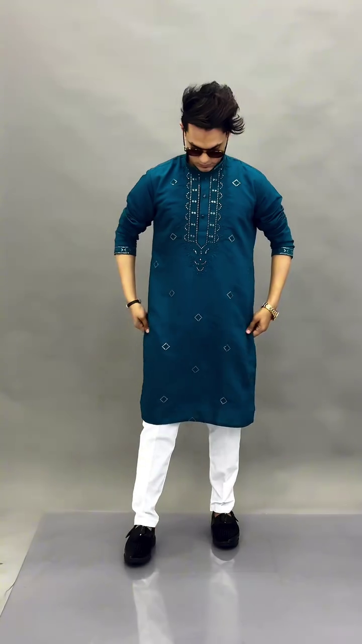 Teal Blue Traditional Embroidered Kurta with Geometric Threadwork Pattern & White Slim Pajama Set 🌊🤍✨