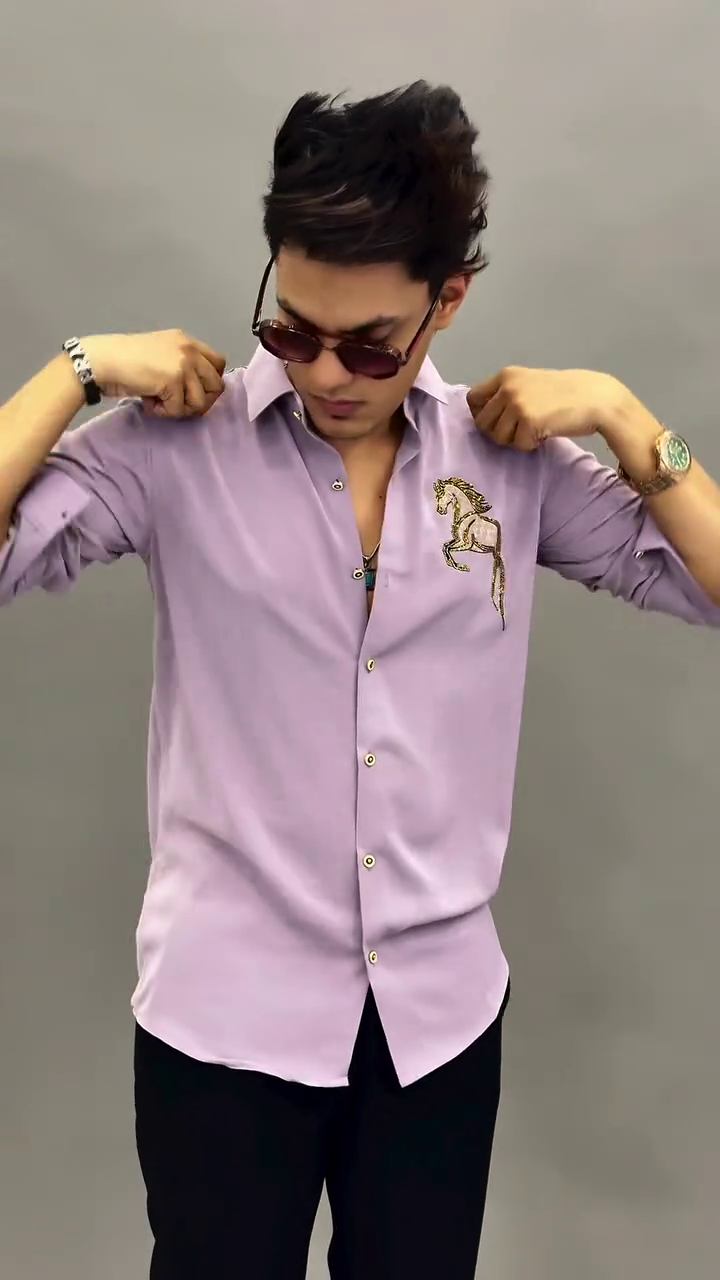 Premium Lavender Slim-Fit Button Shirt with Gold Embroidered Horse Crest on Chest & Foldable Sleeve Tabs 🐎💜✨
