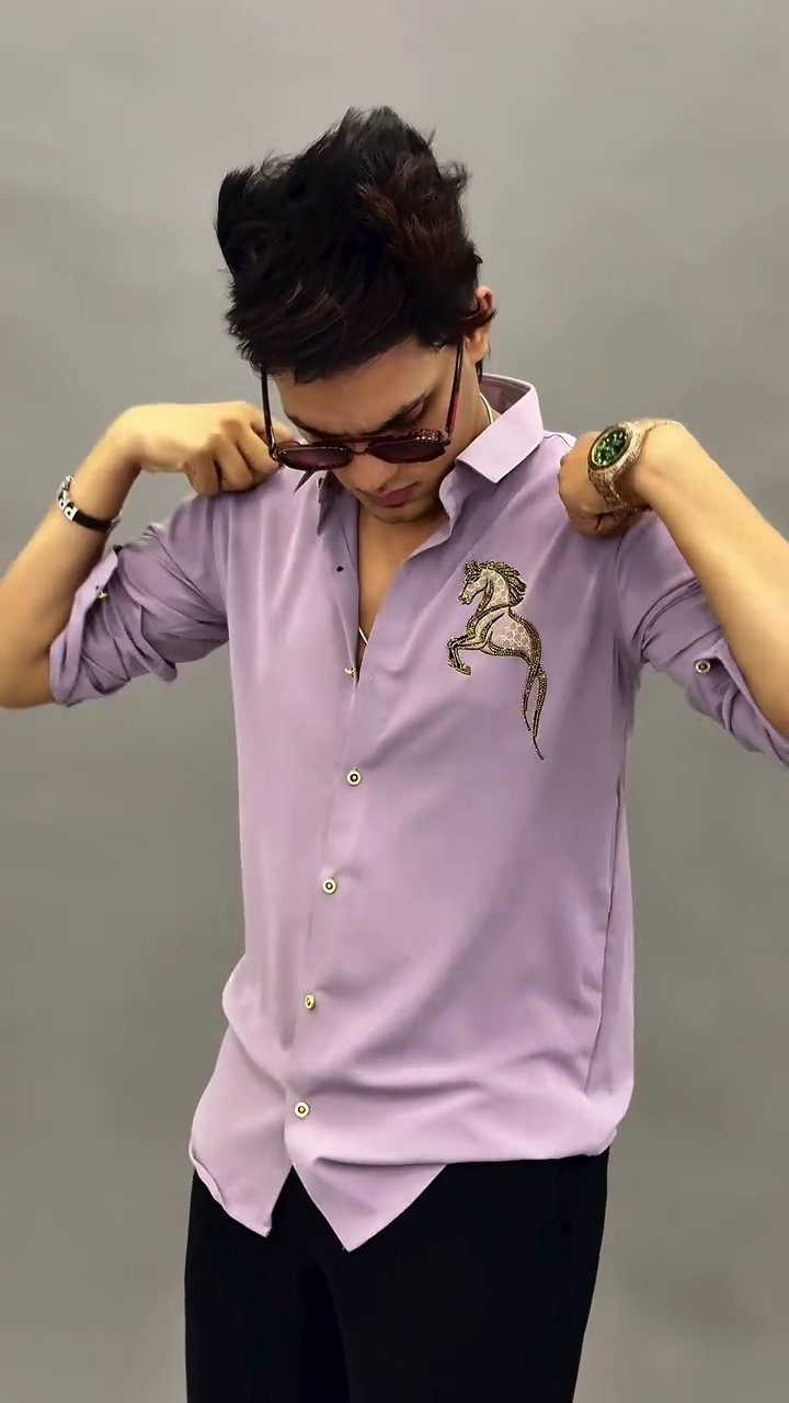 Premium Lavender Slim-Fit Button Shirt with Gold Embroidered Horse Crest on Chest & Foldable Sleeve Tabs 🐎💜✨