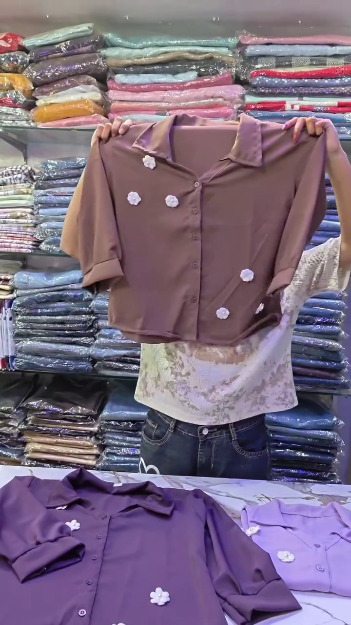 Royal Purple Relaxed-Fit Button-Down Shirt with 3D White Floral Appliqué Detailing & Rolled Sleeve Finish 💜🌸✨