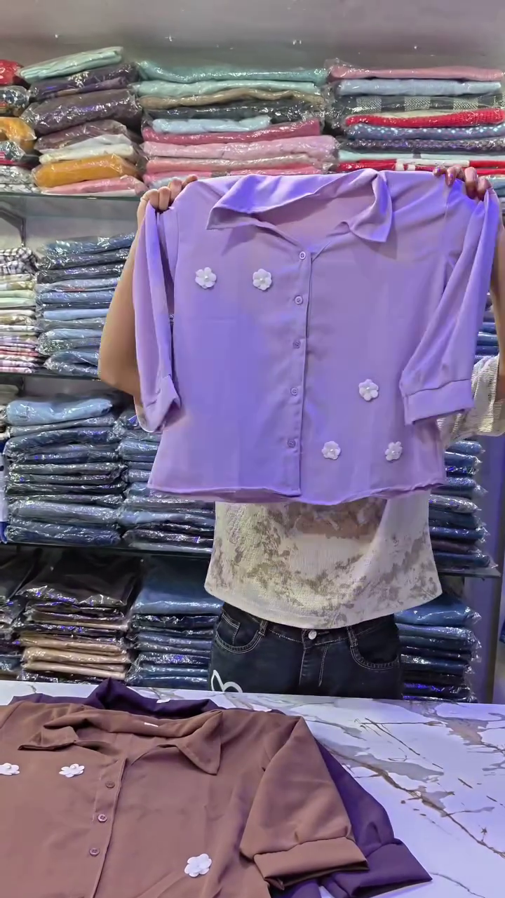 Royal Purple Relaxed-Fit Button-Down Shirt with 3D White Floral Appliqué Detailing & Rolled Sleeve Finish 💜🌸✨