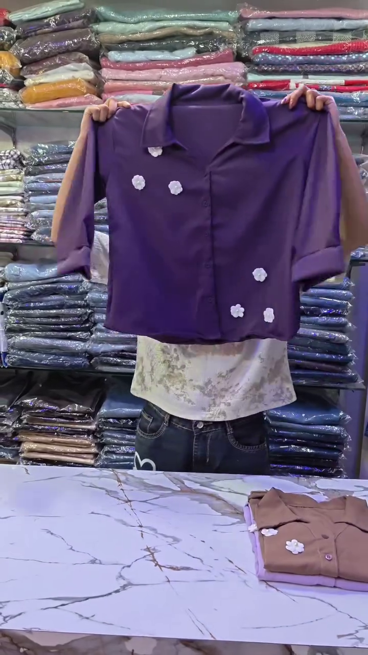 Royal Purple Relaxed-Fit Button-Down Shirt with 3D White Floral Appliqué Detailing & Rolled Sleeve Finish 💜🌸✨