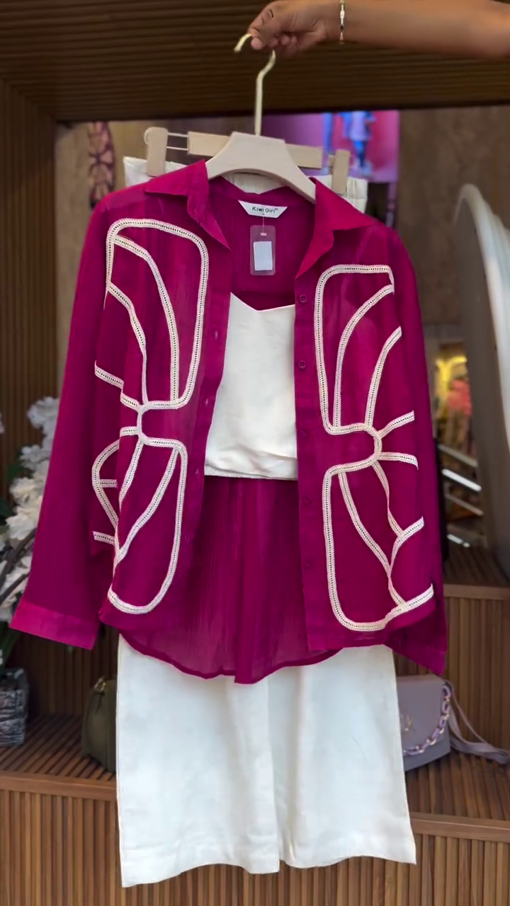 Fuchsia Pink Sheer Organza Overlay Shirt with White Inner Slip Dress & Statement Rope Appliqué Design 💖🤍✨