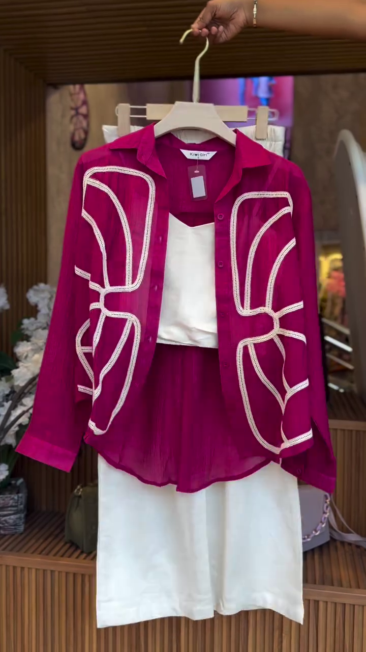 Fuchsia Pink Sheer Organza Overlay Shirt with White Inner Slip Dress & Statement Rope Appliqué Design 💖🤍✨