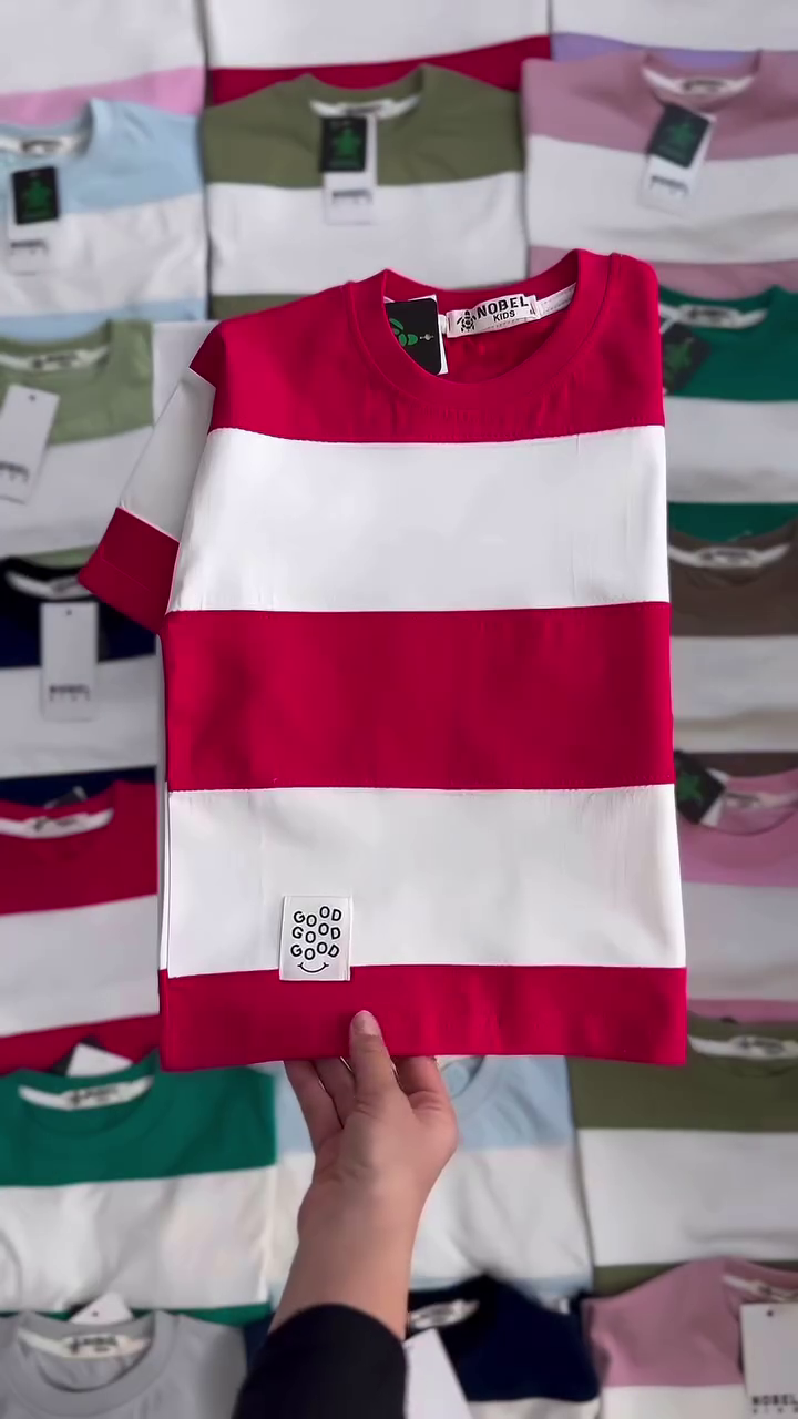 Kids Red & White Wide Horizontal Stripe Cotton T-Shirt with Soft Round Neck & Minimal “Good Good Good” Patch Detail ❤️🤍👕✨