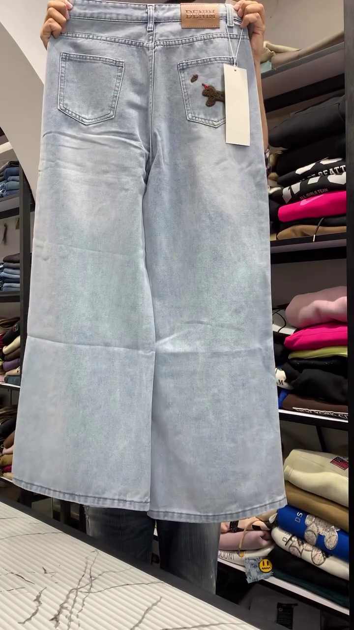 Light Wash Wide-Leg Denim Pants with Playful Multi Puppy Appliqué Embroidery & High-Waist Straight Fit 🐶💙👖✨