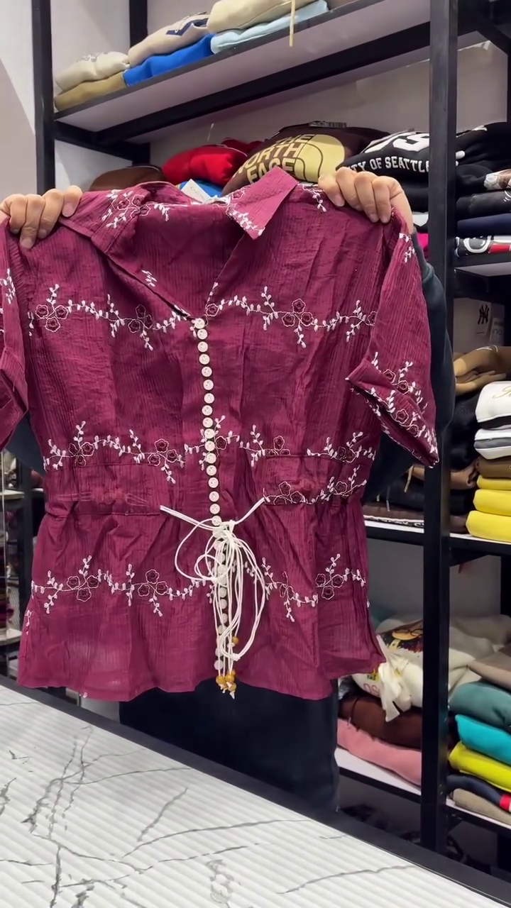 Maroon Textured Short Sleeve Button-Down Peplum Top with White Floral Vine Embroidery & Adjustable Waist Tie Detail 🌺🍷✨