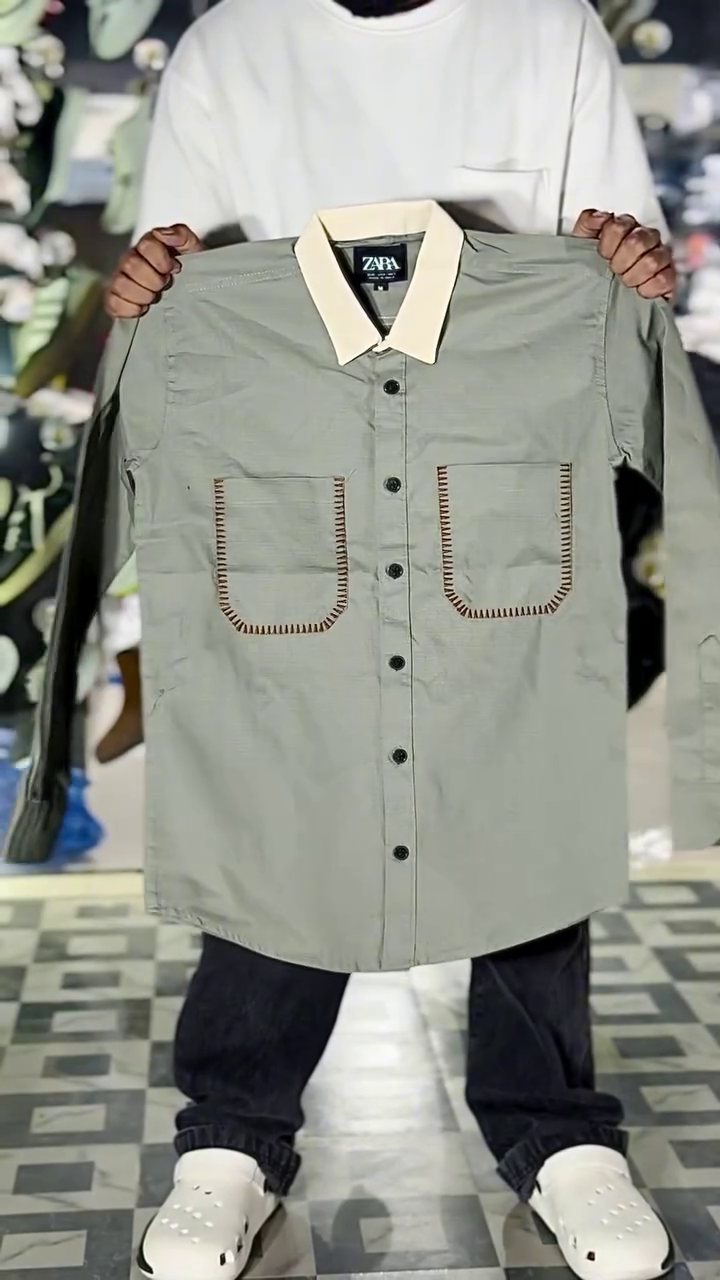 Light Grey Longline Button-Down Shirt with Contrast Beige Collar and Dual Front Patch Pockets with Decorative Blanket Stitch Detailing