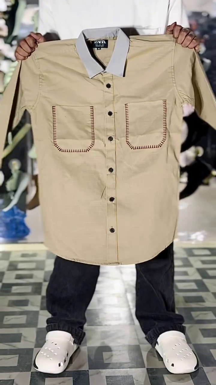 Light Grey Longline Button-Down Shirt with Contrast Beige Collar and Dual Front Patch Pockets with Decorative Blanket Stitch Detailing