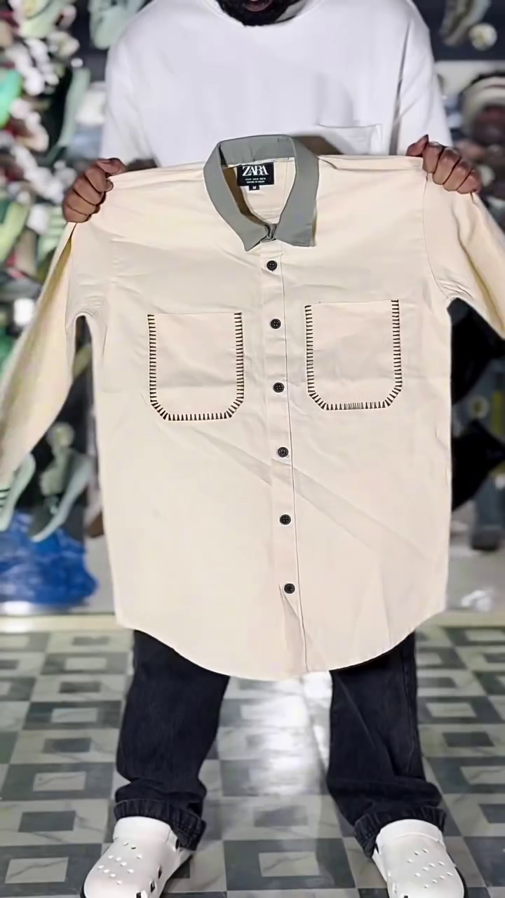 Light Grey Longline Button-Down Shirt with Contrast Beige Collar and Dual Front Patch Pockets with Decorative Blanket Stitch Detailing