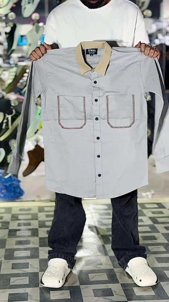 Light Grey Longline Button-Down Shirt with Contrast Beige Collar and Dual Front Patch Pockets with Decorative Blanket Stitch Detailing