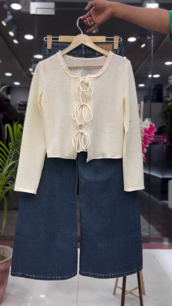 Cream Textured Long-Sleeve Front Tie-Up Cropped Top with Dark Blue A-Line Midi Denim Skirt Co-Ord Set