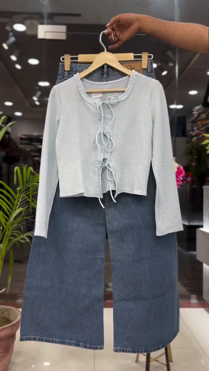 Cream Textured Long-Sleeve Front Tie-Up Cropped Top with Dark Blue A-Line Midi Denim Skirt Co-Ord Set