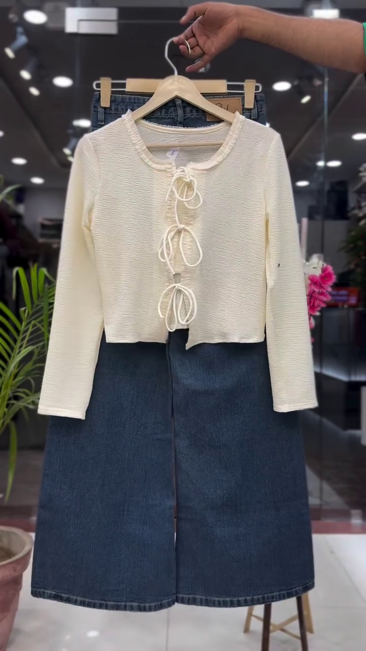Cream Textured Long-Sleeve Front Tie-Up Cropped Top with Dark Blue A-Line Midi Denim Skirt Co-Ord Set