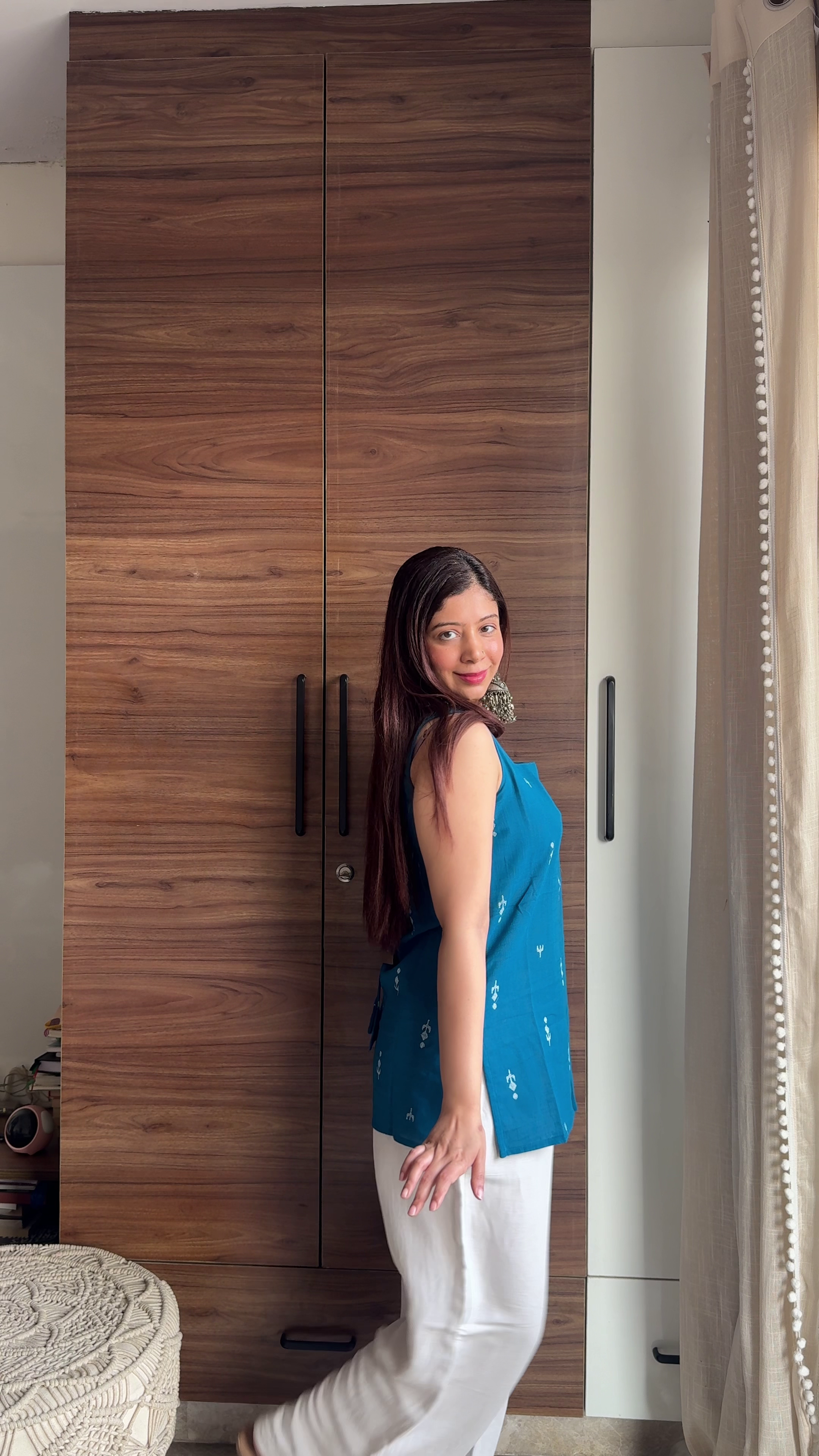 Teal Sleeveless Straight-Cut Ethnic Style Tunic Top with Minimal White Motif Print Paired with Off-White Wide-Leg Palazzo Pants