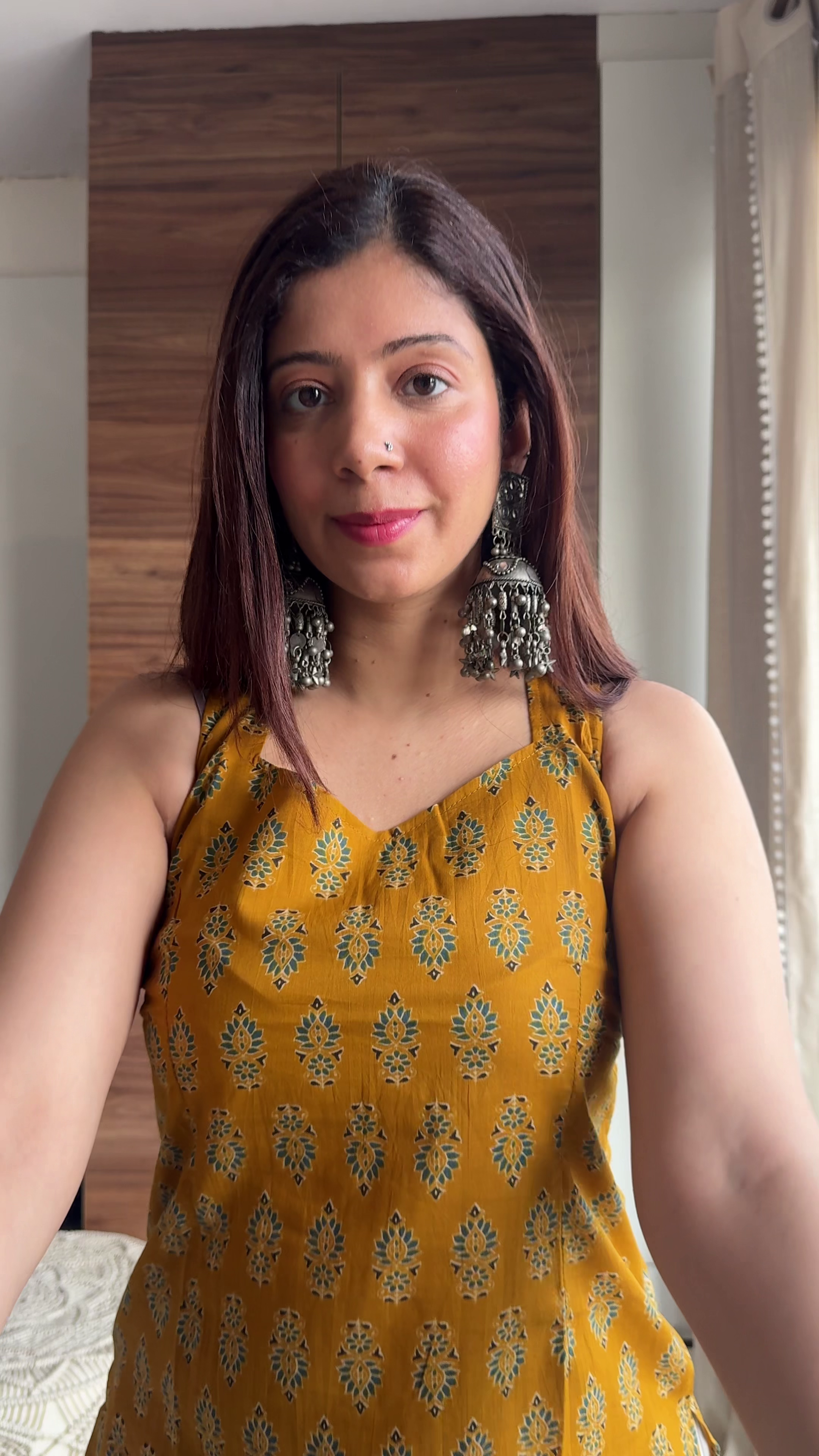 Teal Sleeveless Straight-Cut Ethnic Style Tunic Top with Minimal White Motif Print Paired with Off-White Wide-Leg Palazzo Pants