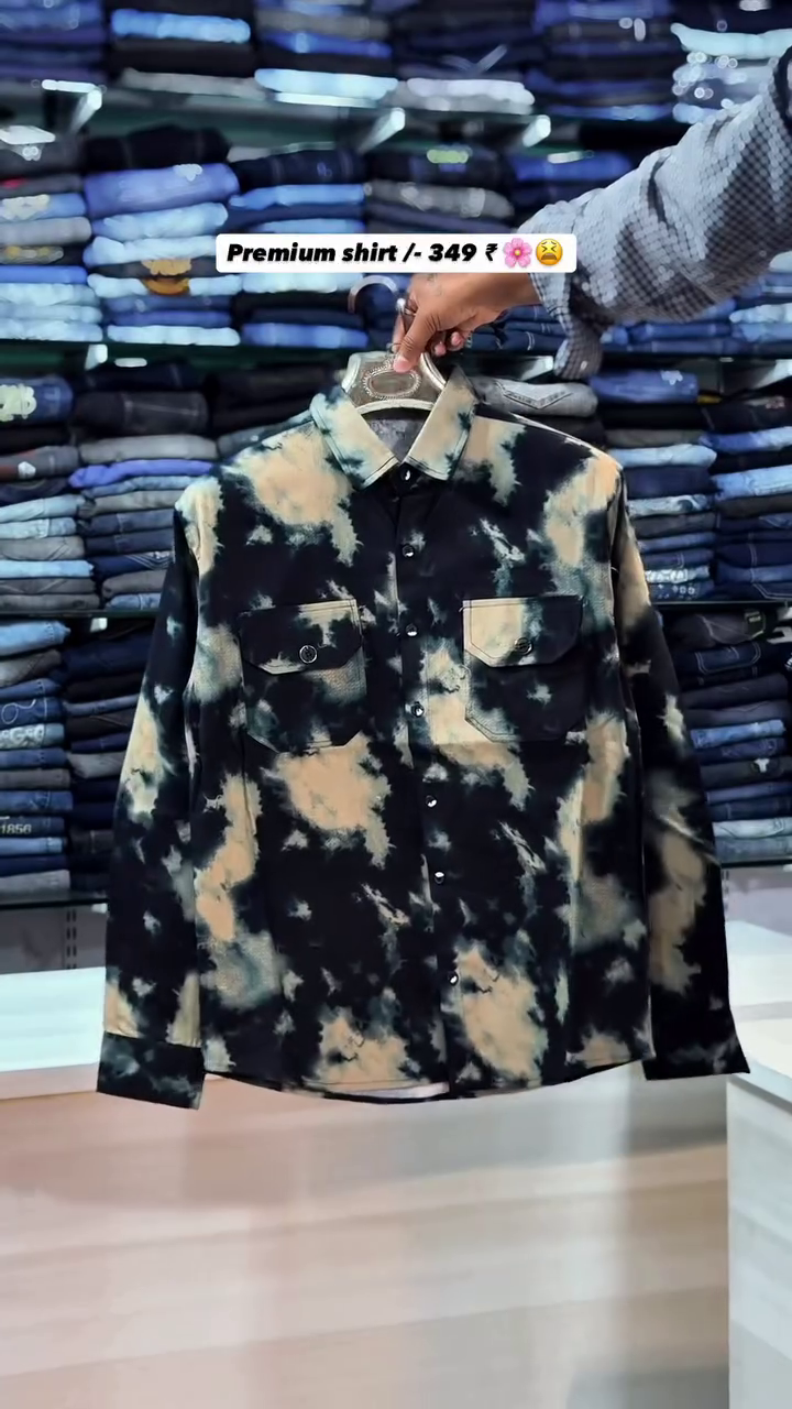 Black and Beige Abstract Tie-Dye Button-Down Premium Shirt with Dual Front Flap Pockets and Full Sleeve Tailored Fit