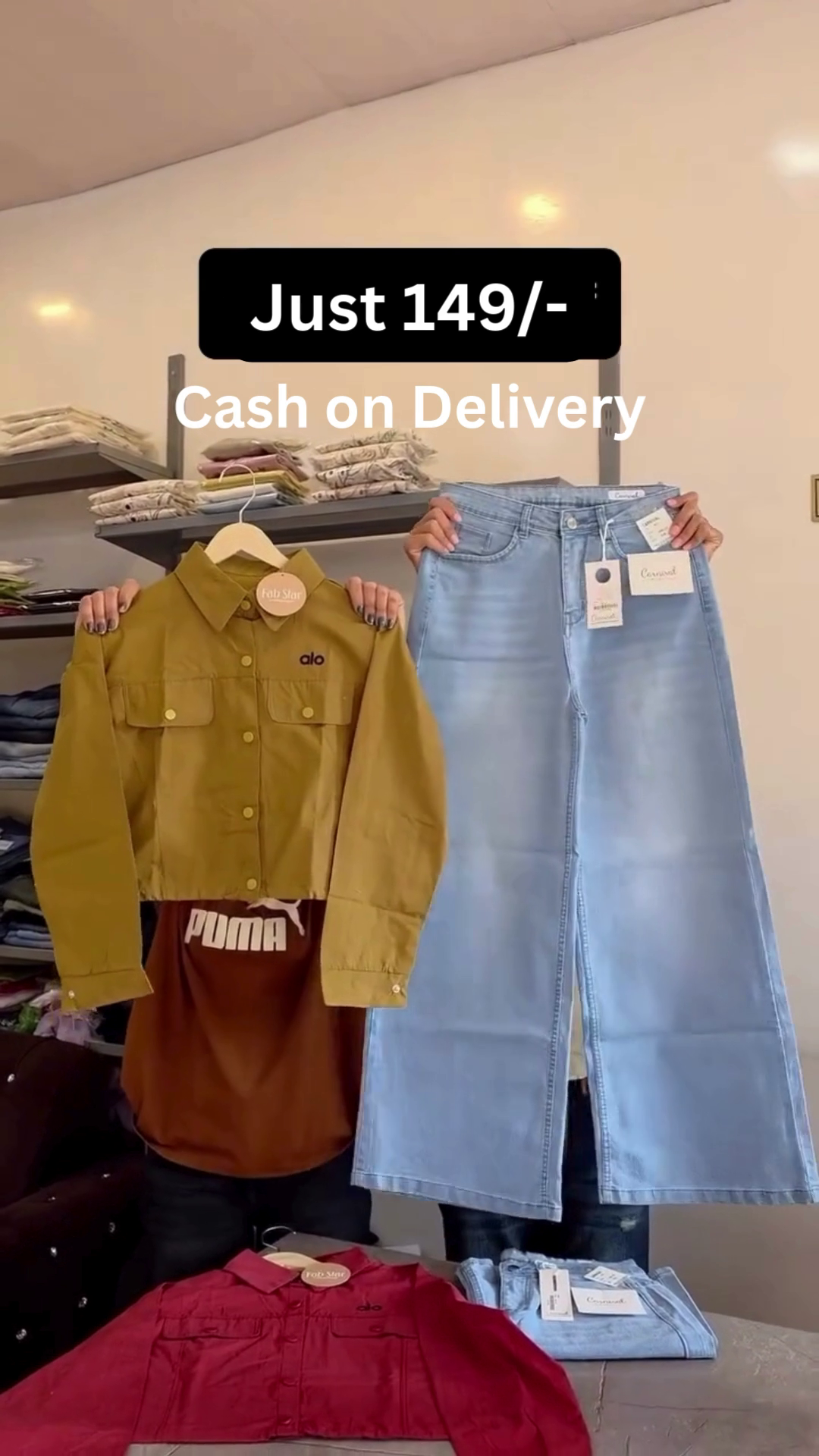 Camel Brown Cropped Utility Jacket with Dual Flap Chest Pockets and Light Blue High-Waist Front-Slit A-Line Denim Midi Skirt