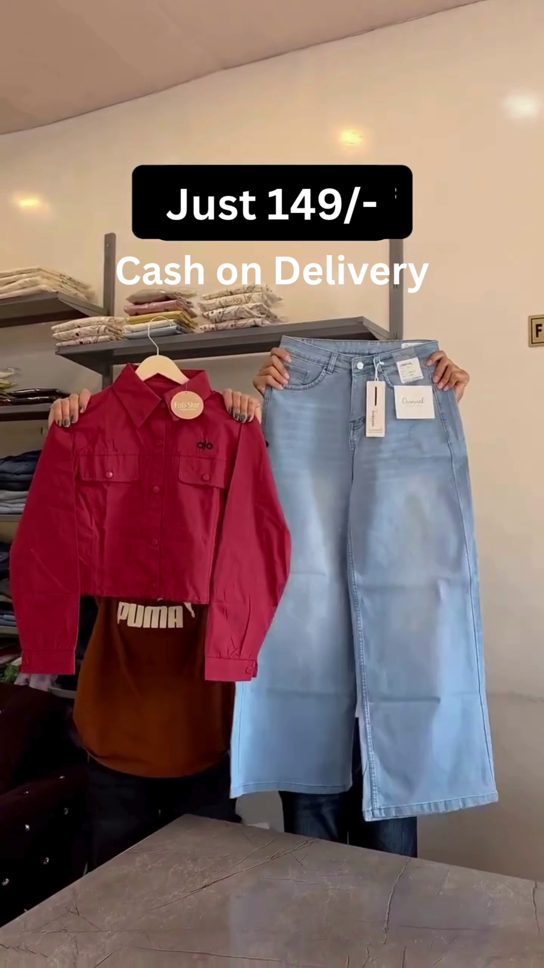 Camel Brown Cropped Utility Jacket with Dual Flap Chest Pockets and Light Blue High-Waist Front-Slit A-Line Denim Midi Skirt