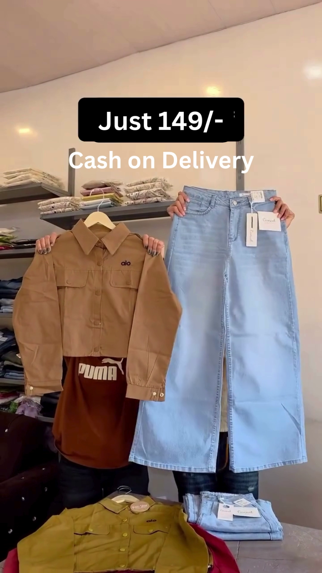 Camel Brown Cropped Utility Jacket with Dual Flap Chest Pockets and Light Blue High-Waist Front-Slit A-Line Denim Midi Skirt
