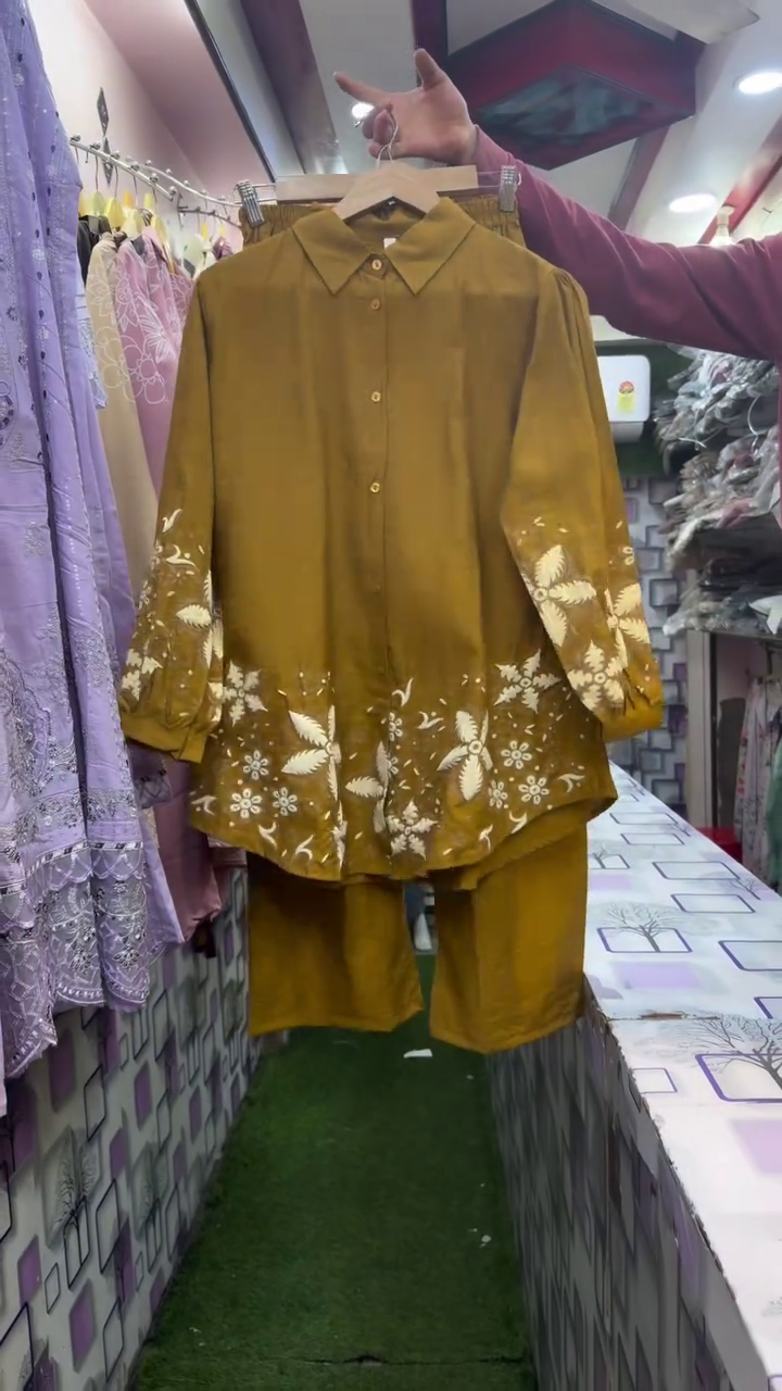 Dusty Mauve Button-Down Ethnic Co-Ord Set with Cream Floral Hem Embroidery and Matching Relaxed Straight Shorts