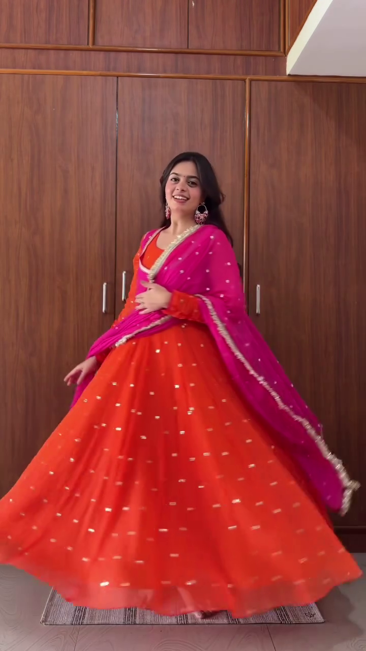 right Orange Floor-Length Anarkali Gown with Hot Pink Embroidered Short Jacket Overlay – Wedding & Sangeet Celebration Outfit