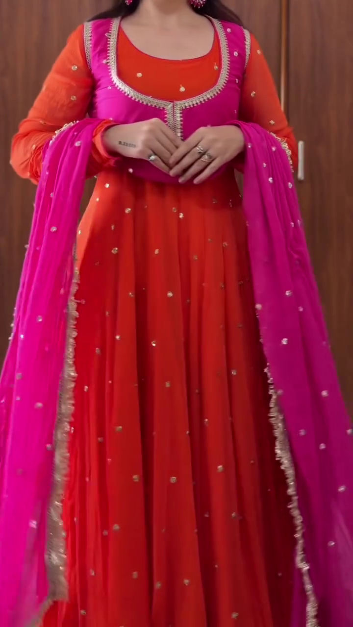 right Orange Floor-Length Anarkali Gown with Hot Pink Embroidered Short Jacket Overlay – Wedding & Sangeet Celebration Outfit