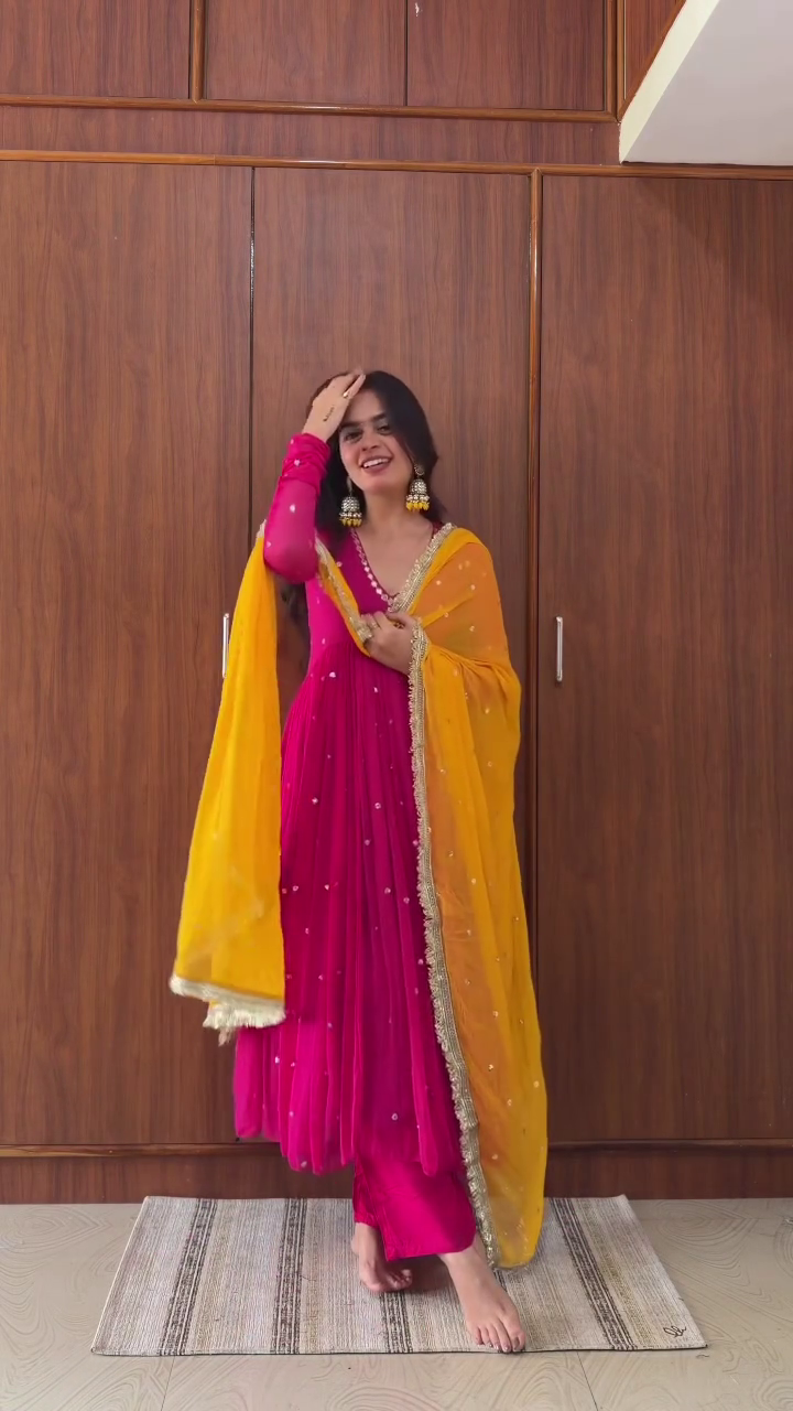 right Orange Floor-Length Anarkali Gown with Hot Pink Embroidered Short Jacket Overlay – Wedding & Sangeet Celebration Outfit