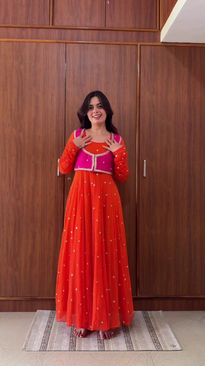 right Orange Floor-Length Anarkali Gown with Hot Pink Embroidered Short Jacket Overlay – Wedding & Sangeet Celebration Outfit