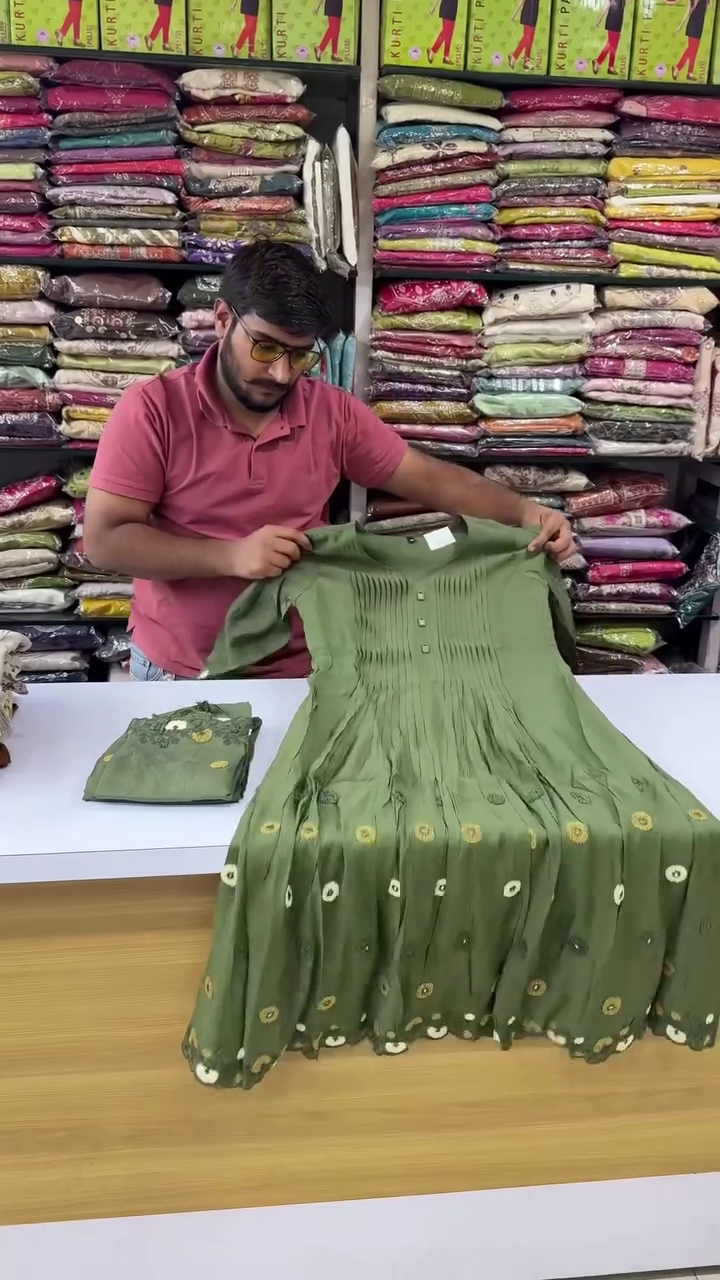 Moss Green Pleated Front Anarkali Kurti with Button Detailing & Floral Butti Print – Flowy Casual Festive Wear Dress