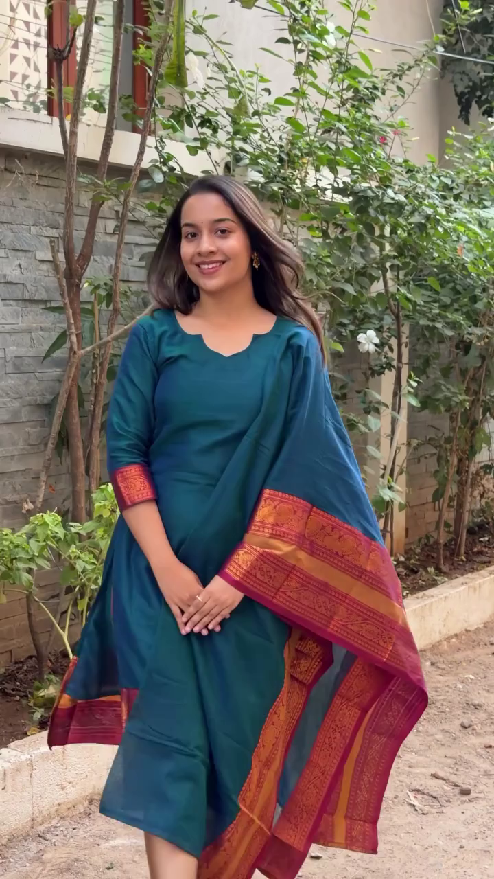 Teal Blue Straight Kurta with Contrast Maroon-Gold Traditional Woven Dupatta – Elegant Daily & Festive Ethnic Suit Set