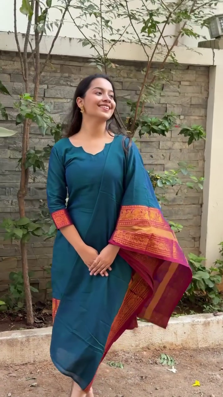 Teal Blue Straight Kurta with Contrast Maroon-Gold Traditional Woven Dupatta – Elegant Daily & Festive Ethnic Suit Set