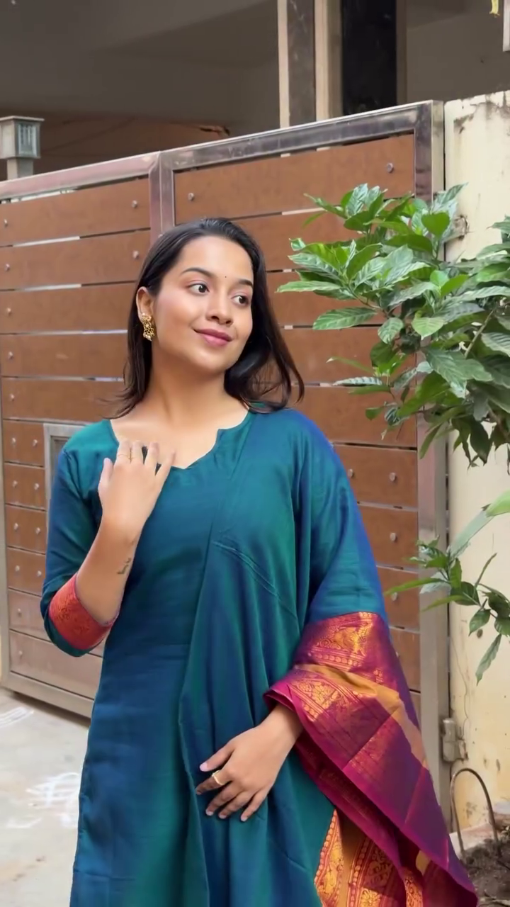 Teal Blue Straight Kurta with Contrast Maroon-Gold Traditional Woven Dupatta – Elegant Daily & Festive Ethnic Suit Set