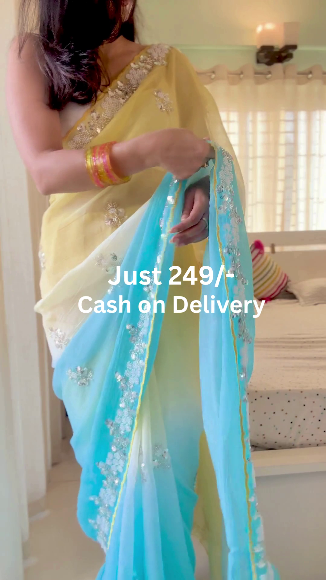 Pastel Yellow & Aqua Blue Dual-Tone Georgette Saree with Floral Sequin Embroidery & Gold Border – Lightweight Party Wear Draping Saree