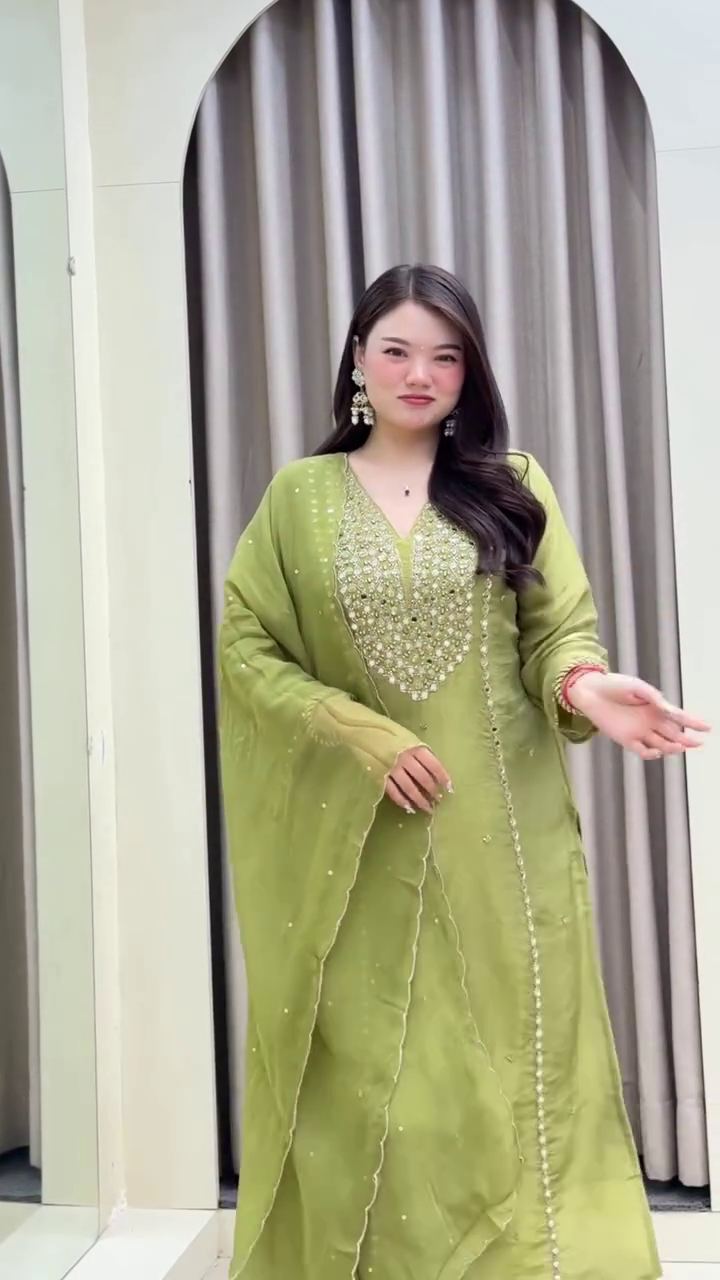 Olive Green Heavy Mirror Work Straight Cut Kurta with Matching Dupatta & Coordinated Bottom – Festive Occasion Embroidered Ethnic Set