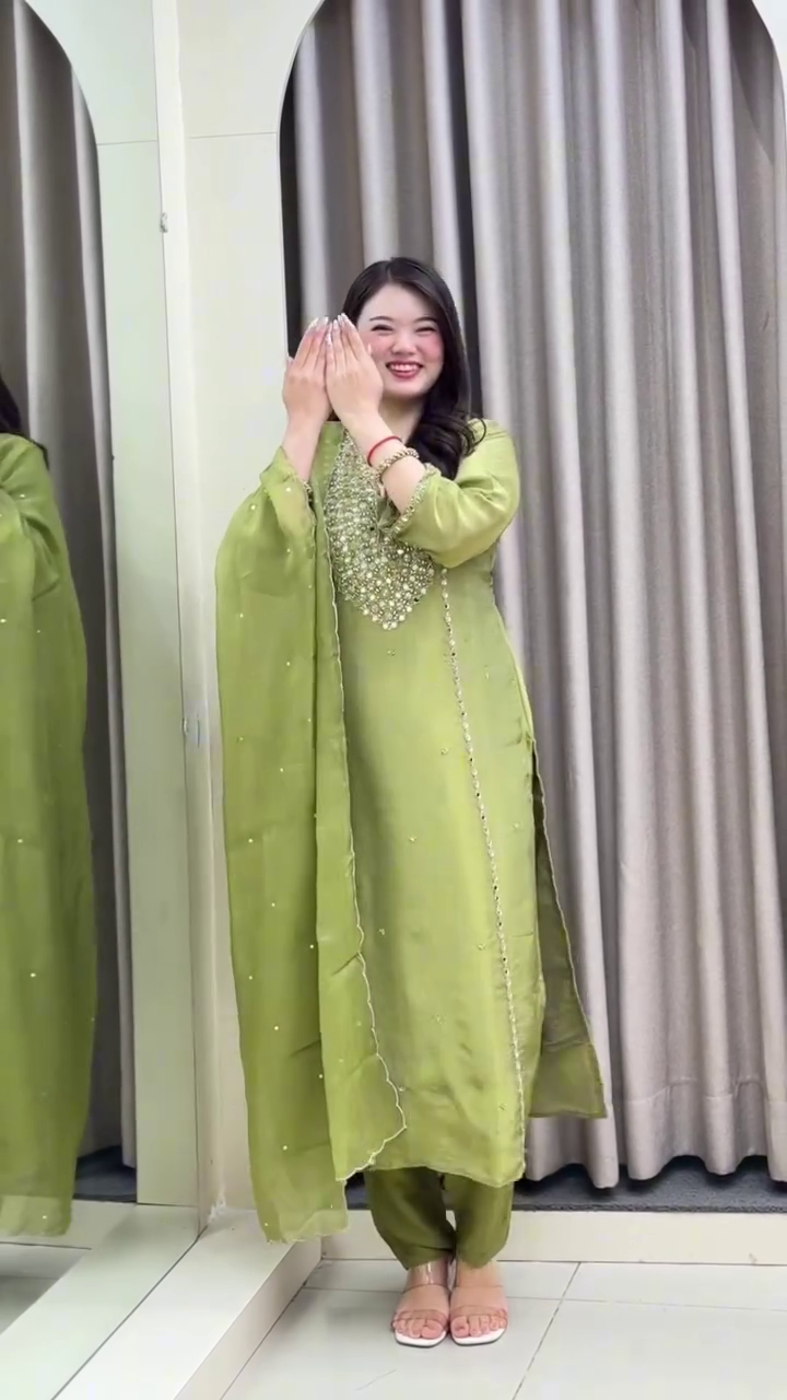 Olive Green Heavy Mirror Work Straight Cut Kurta with Matching Dupatta & Coordinated Bottom – Festive Occasion Embroidered Ethnic Set