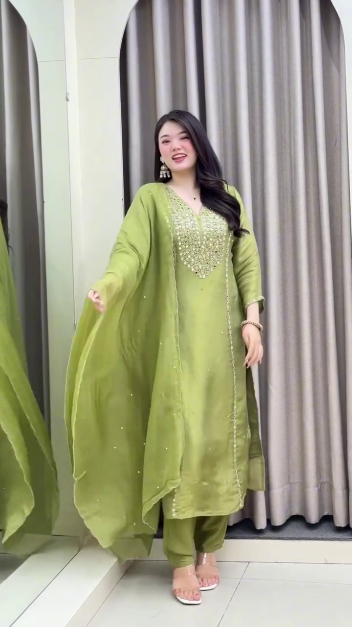 Olive Green Heavy Mirror Work Straight Cut Kurta with Matching Dupatta & Coordinated Bottom – Festive Occasion Embroidered Ethnic Set