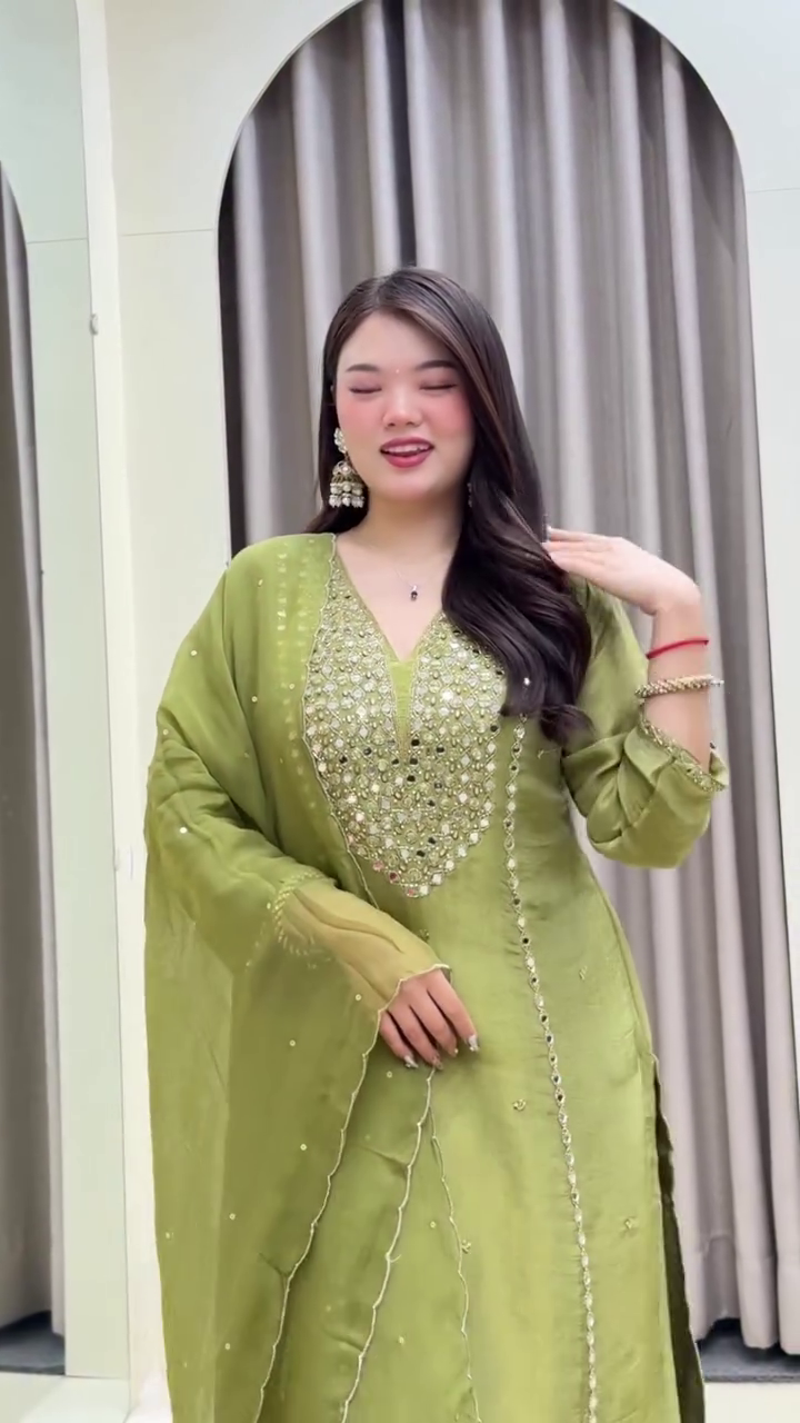 Olive Green Heavy Mirror Work Straight Cut Kurta with Matching Dupatta & Coordinated Bottom – Festive Occasion Embroidered Ethnic Set
